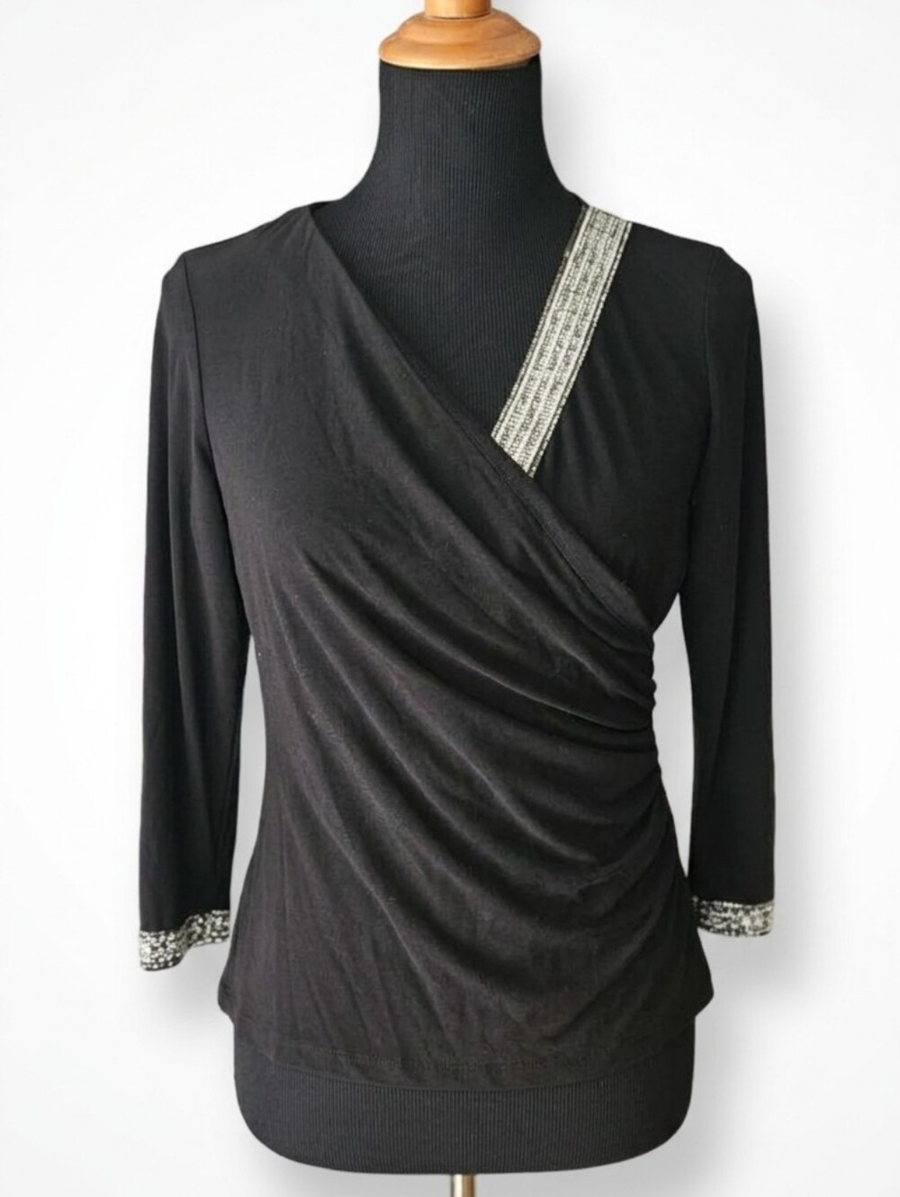MSK Black Rhinestone Trim Surplice Faux Wrap Blouse Top